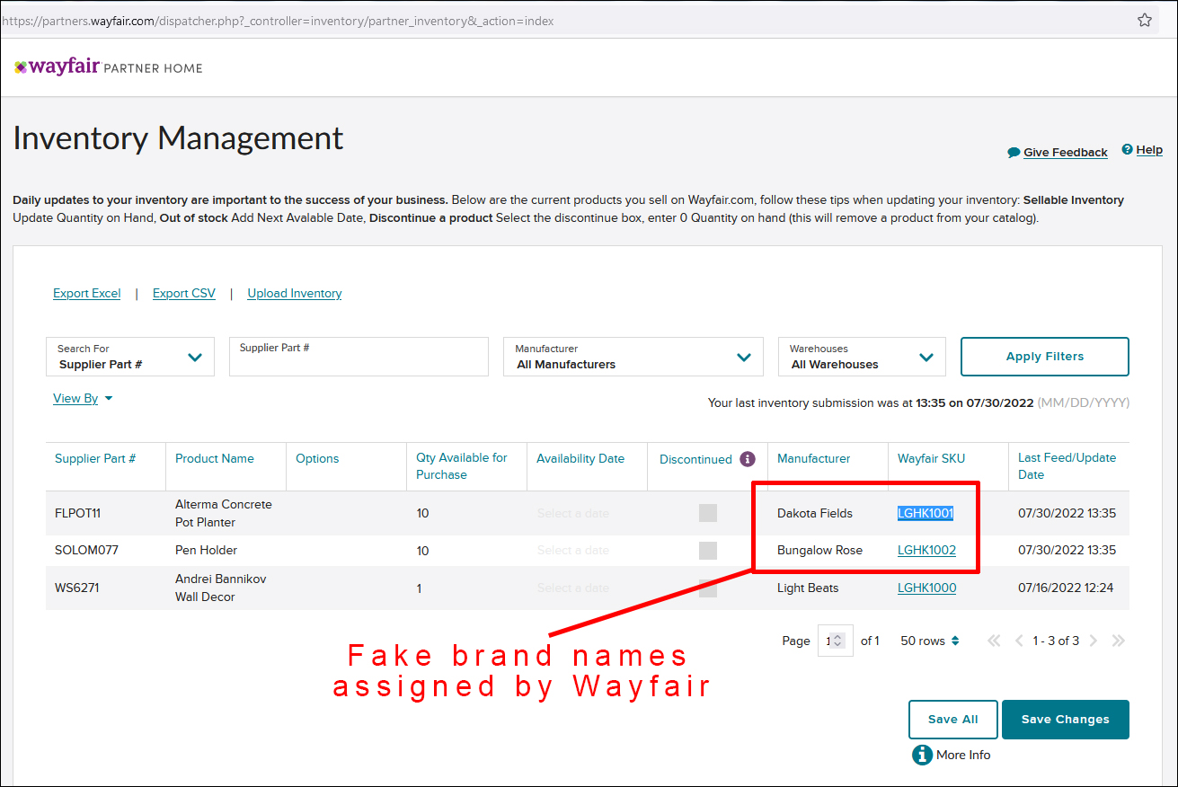 Von Wayfair zugewiesene gefälschte Markennamen.